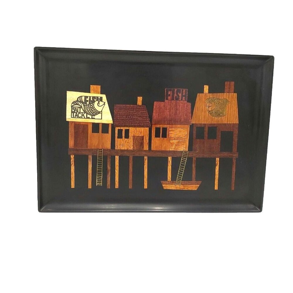 Vintage Couroc of Monterey Tray Mid Century Modern Fish Bait Stilt House Inlay
